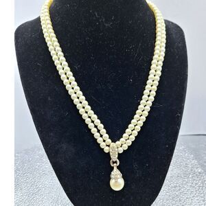 A Double Strand Faux Pearl Pendant Necklace Rhinestone Wedding Elegant Formal